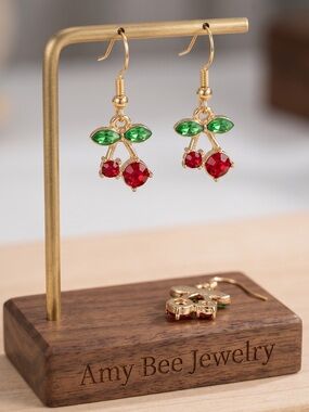 14k Gold Plated Cherry Drop Earrings with Red and Green Crystals. New.